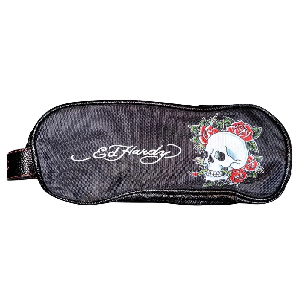 Vtg Ed Hardy Skull Roses Toiletry Bag Unisex Black Red Y2K Tattoo Travel Dopp